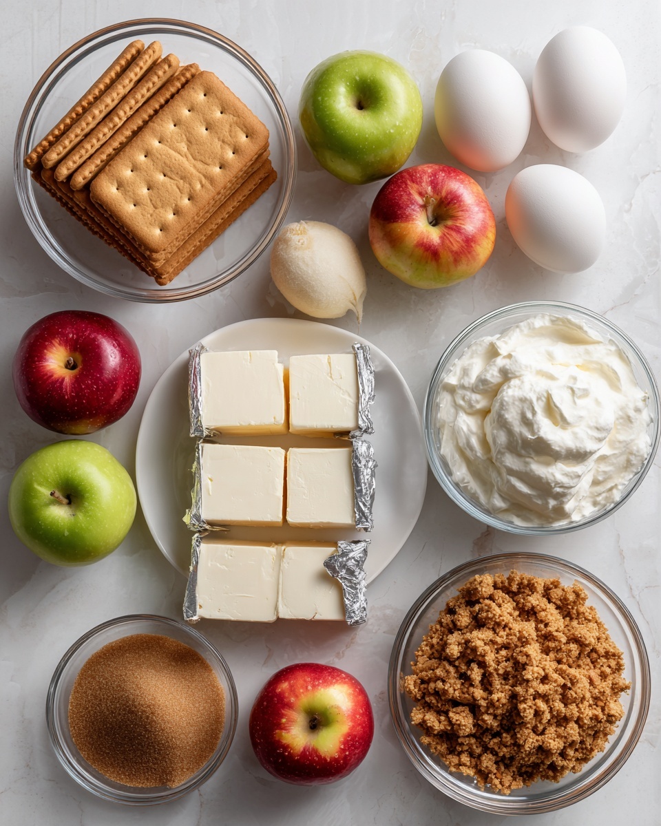 The image shows a top view of various baking ingredients arranged neatly on a white marbled surface. On the left side, there is a clear glass bowl filled with square and rectangular graham crackers placed upright and stacked in layers. Below it, a white plate holds three blocks of cream cheese partially unwrapped with silver foil, showing a creamy white texture. To the right of the graham crackers, three whole eggs are placed in a row with smooth white shells. Around these eggs are five apples—two red, one green, and two red with yellow patches—spread out evenly. Below the eggs and apples, there is a clear glass bowl filled with brown sugar that looks granulated and slightly clumpy. Next to it, a smaller clear bowl holds white whipped cream with a smooth and glossy texture. To the right side, a larger clear bowl contains oatmeal crumble, showing a rough, dry texture. In front of the oatmeal bowl, a tiny glass bowl holds a small amount of ground cinnamon, dark brown in color. The overall setup is bright, clean, and organized. photo taken with an iphone --ar 4:5 --v 7