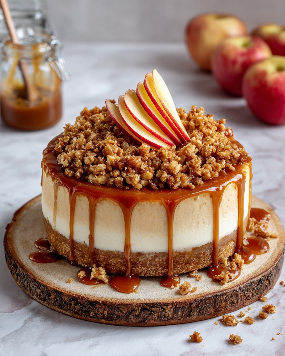 The image shows a thick, round cake with three visible layers sitting on a wooden slice board. The bottom layer is a firm, crumbly crust in a light brown color. Above it is a creamy, light beige layer that looks smooth and dense. The top layer is a chunky, golden brown crumble topping with bits of oat texture, covered in a glossy caramel sauce that drips down the sides. On top of the cake, a small stack of thin, red apple slices is placed neatly. Some crumbs and caramel sauce spill onto the board around the cake. In the background, there is a small glass jar with caramel and a spoon inside, a clear bottle, and some whole apples on the white marbled surface. photo taken with an iphone --ar 4:5 --v 7