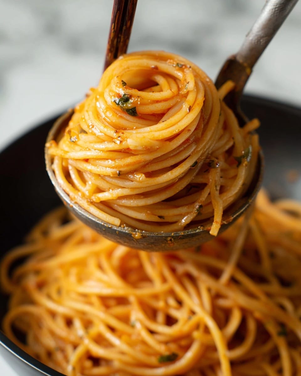 A close-up image showing a metal ladle holding a neatly twirled bundle of spaghetti coated in a light orange sauce with small bits of herbs and seasoning visible, the spaghetti strands are smooth and slightly glossy, resting above a black bowl partially filled with more spaghetti and sauce, two dark chopsticks grip the top of the spaghetti bundle, the background and surface have a white marbled texture, photo taken with an iphone --ar 4:5 --v 7