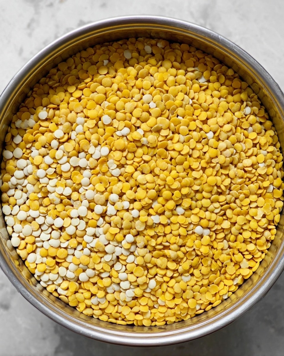 The image shows a close-up of a pot filled with small dry yellow and white lentils. The lentils are spread evenly inside the pot, with the yellow lentils mostly in the center and the white lentils around the edges. The pot has a smooth silver metal surface and is sitting on a white marbled background. The lentils have a smooth and slightly shiny texture. photo taken with an iphone --ar 4:5 --v 7