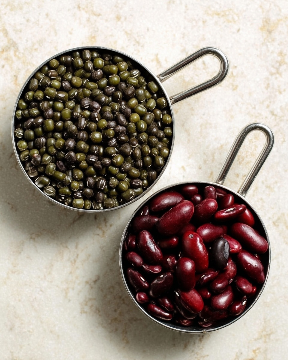 The image shows two metal measuring cups placed on a white marbled surface. The larger cup on the left is filled with small, shiny dark green mung beans with a smooth texture and round shape. The smaller cup on the right contains larger, dark red kidney beans with a glossy finish and slightly curved shape. Both cups have short handles and are positioned close to each other, with the larger cup slightly higher than the smaller one. The light softly reflects off the beans, highlighting their different colors and textures. photo taken with an iphone --ar 4:5 --v 7