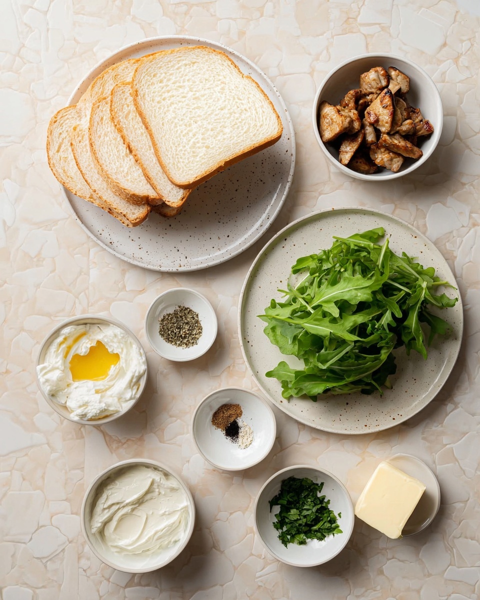 The image shows several small white bowls arranged on a white marbled surface. There are four slices of plain white bread stacked on a white plate with some brown speckles. Near the bread plate, fresh green leafy arugula is placed on another white plate. Around the bread and arugula, there are small white bowls each containing different items: grilled seasoned pieces of meat with a browned texture, a white creamy spread, a small amount of yellow mustard, a few green chopped herbs, a mix of salt and black pepper, and a small pat of butter. The ingredients are neatly arranged and ready to be assembled. photo taken with an iphone --ar 4:5 --v 7