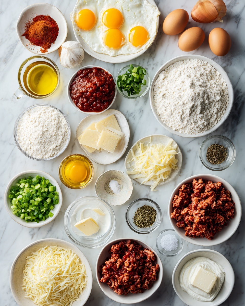 Top-down professional food photography flat lay style, bright white marble countertop, neatly arranged, evenly spaced, tidy, clean organized layout, include: small plate with whole eggs, bowl of all-purpose flour, small bowl of baking powder, bowl of grated Parmesan cheese, small plate with sliced provolone cheese, bowl of shredded mozzarella cheese, small bowl of diced sweet onion, small bowl of diced green bell pepper, small bowl of chopped scallions, small glass cup of extra virgin olive oil, bowl of prepared seasoned ground beef and prepared seasoned meat pieces, small bowl of tomato paste, small bowl of minced fresh garlic, small bowl of dried basil, small bowl of dried oregano, small bowl of kosher salt, small bowl of freshly ground black pepper, small bowl of red pepper flakes, bowl of Greek full fat yogurt, small plate with vegetable shortening or butter, bright soft natural lighting, sharp focus, high detail textures, realistic reflections, professional DSLR look, 4K, no finished dish, no cooked food, no hands, no text, no watermark, no brand logos --ar 4:5 --v 7