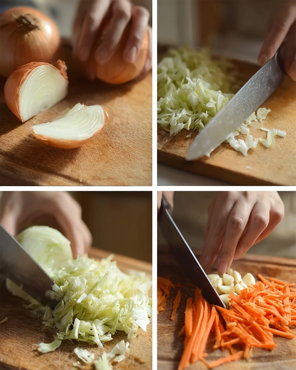 The image shows five small photos of a person cutting different vegetables on a wooden cutting board. In the first photo, a woman's hand holds an onion while it is sliced in half. The second photo shows the onion being sliced into smaller pieces, with the woman's hand steadying it. The third photo has shredded cabbage being sliced finely with a woman's hand visible. The fourth photo shows thin carrot sticks being cut with a woman's hand steadying the knife. The last photo displays small slices of garlic being chopped with a woman's hand visible near the knife. All photos have a warm, natural light. Photo taken with an iphone --ar 4:5 --v 7