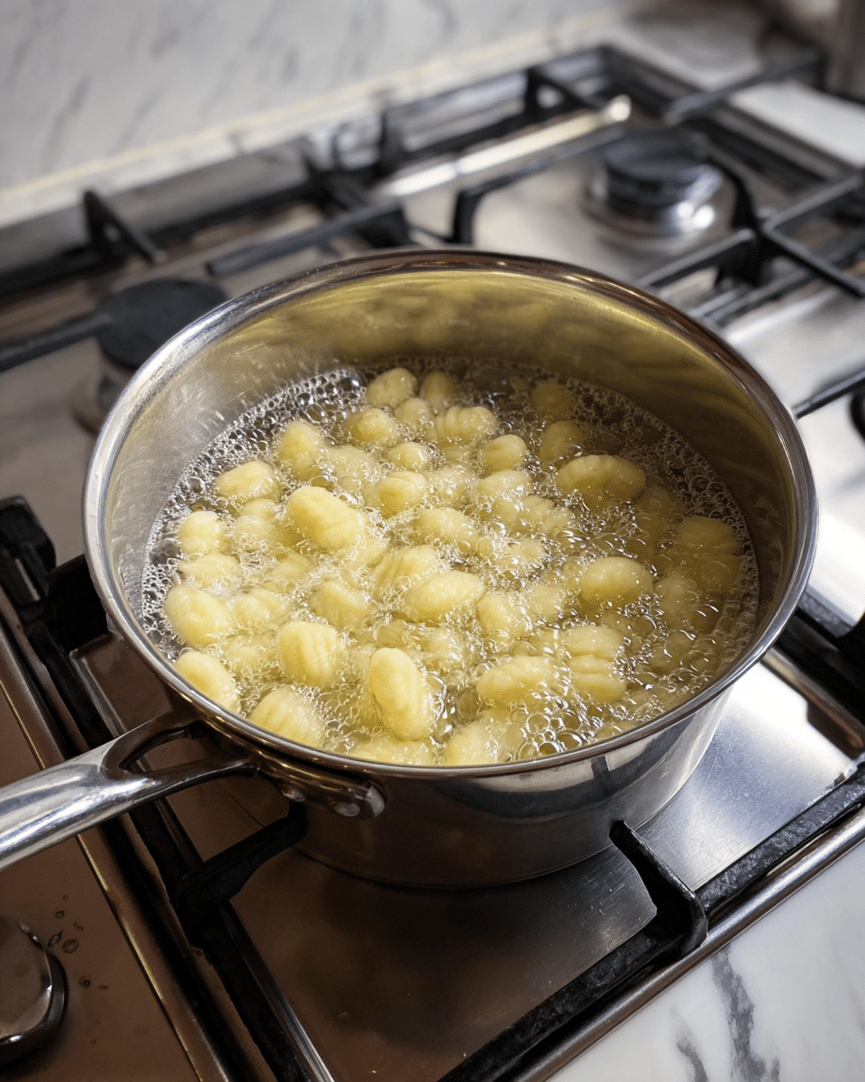 A shiny silver pot is filled with bubbling water, and inside, many small, soft, pale yellow gnocchi pieces float and cook. The pot sits on a gas stove with black grates and a white marbled surface below. The scene shows a close look at the cooking gnocchi in boiling water, with small bubbles forming around them. photo taken with an iphone --ar 4:5 --v 7