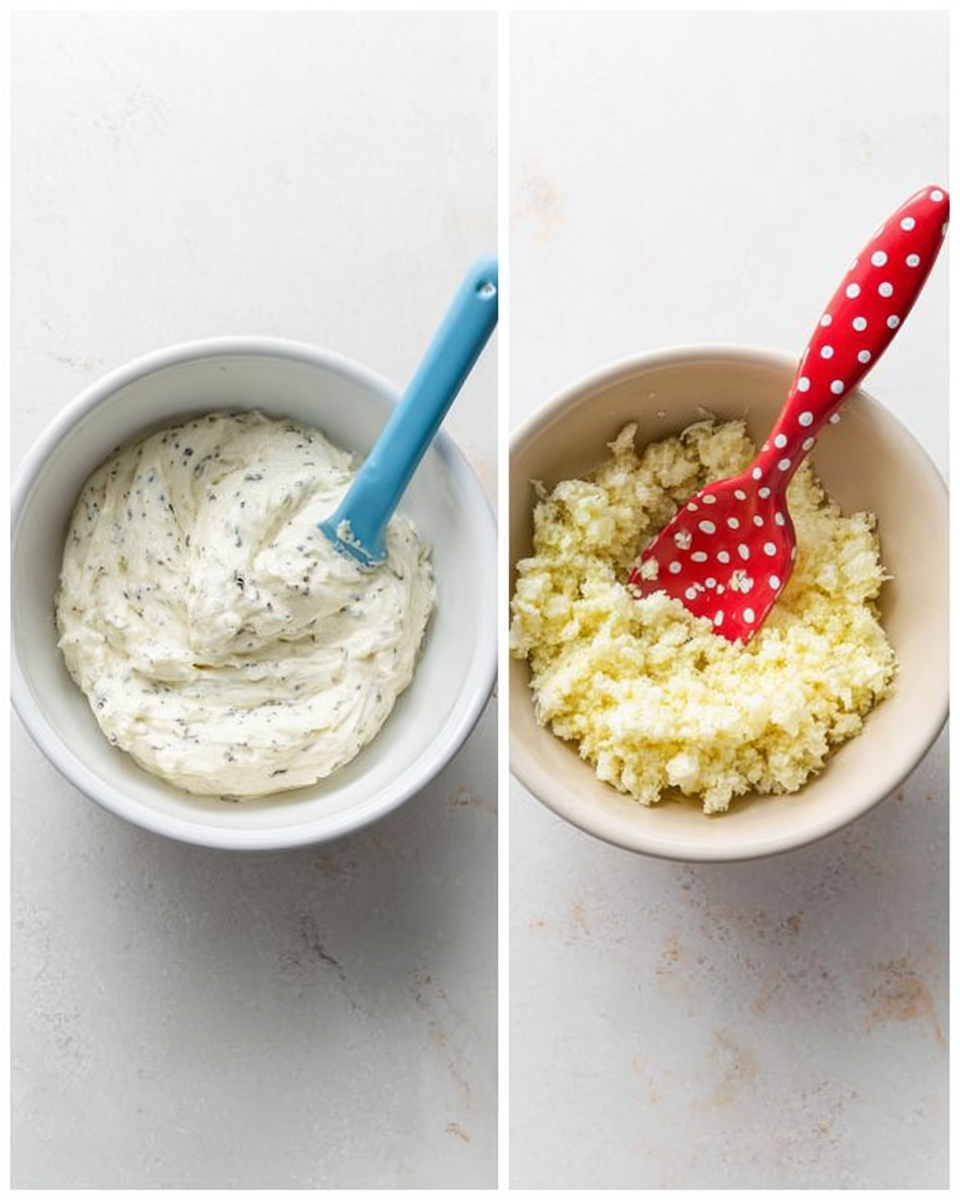The image shows two white bowls placed side by side on a white marbled surface. The left bowl contains a thick, creamy white mixture with visible black specks and a blue spatula resting inside, the texture smooth and spread evenly. The right bowl holds finely chopped pale yellow ingredients that look soft and moist, with a red spatula with white polka dots resting inside. Both bowls have a simple, clean look with no additional items in view. photo taken with an iphone --ar 4:5 --v 7