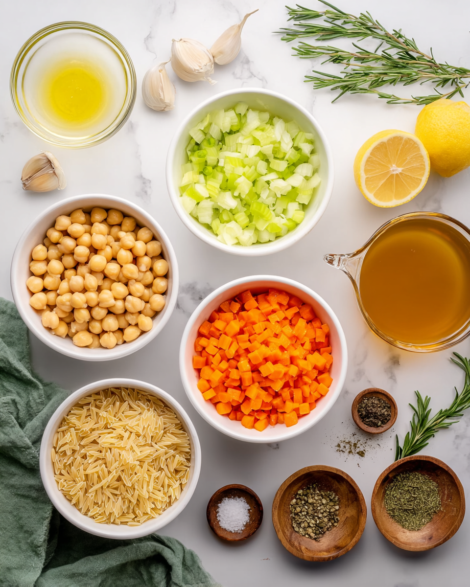 The image shows several white bowls arranged neatly on a white marbled surface. One bowl has pale green chopped celery, another holds light yellow chopped onions, a different bowl is filled with golden chickpeas, and another contains bright orange diced carrots. There is a small glass bowl with a bit of yellow lemon zest and another small glass bowl with golden olive oil. Also, there is a clear measuring cup with amber-colored broth on the right side. Two lemon halves are next to the broth, showing their pale yellow insides. A golden measuring cup filled with uncooked orzo pasta is on the lower left. Around these, there are three cloves of garlic, a couple of sprigs of fresh green rosemary, a green cloth on the upper right, and three small wooden bowls with black pepper, salt, and dried herbs. photo taken with an iphone --ar 4:5 --v 7