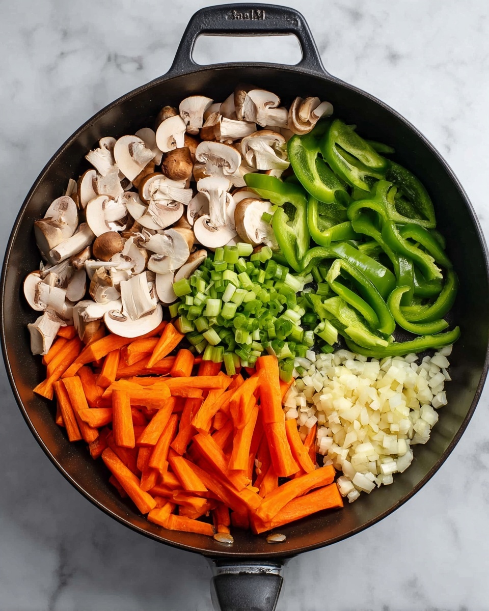 A black cooking pan with a handle, placed on a white marbled surface, is filled with five groups of fresh chopped vegetables arranged in sections. The top left section has light brown and cream sliced mushrooms with a smooth texture. Next to it at the top center, there is a pile of finely chopped light green and white green onions. The top right section contains long strips of bright green bell peppers. The center of the pan features medium-sized orange carrot sticks that have a crisp texture. The bottom right corner has a pile of finely chopped white garlic pieces with a slightly rough texture. Photo taken with an iphone --ar 4:5 --v 7