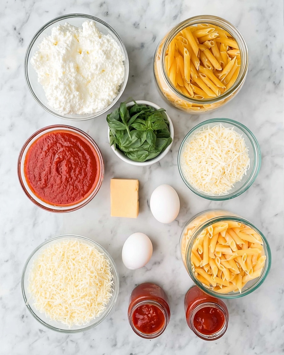 The image shows several glass and white bowls placed on a white marbled surface, each holding different ingredients for cooking. In the top left corner, there is a large glass bowl filled with white ricotta cheese, next to it is a white bowl with fresh green basil leaves. To the right, a glass jar contains uncooked yellow penne pasta. Below, there is a glass bowl of finely grated white cheese, possibly Parmesan, sitting beside two small pieces of pale yellow Parmesan blocks. A glass bowl of red tomato sauce is toward the left center, while a small glass dish holds two white eggs in the center. Near the bottom left, a smaller glass bowl contains shredded white mozzarella cheese, and at the bottom right, two open red jars of tomato sauce are partially visible. All the items are neatly arranged in rows on the marbled surface. photo taken with an iphone --ar 4:5 --v 7