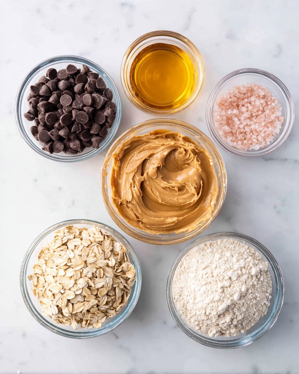 Six clear glass bowls sit on a white marbled surface, each filled with different ingredients. In the center is a bowl of smooth light brown peanut butter with visible swirls. Above it, a bowl of golden liquid honey shines in the light. To the left of the peanut butter bowl, a bowl is full of small dark brown chocolate chips. Below that, another bowl holds pale beige rolled oats with a rough texture. To the right of the oats, a bowl contains fine, off-white flour with soft peaks. Lastly, above the flour bowl, a small bowl holds pink salt crystals. photo taken with an iphone --ar 4:5 --v 7
