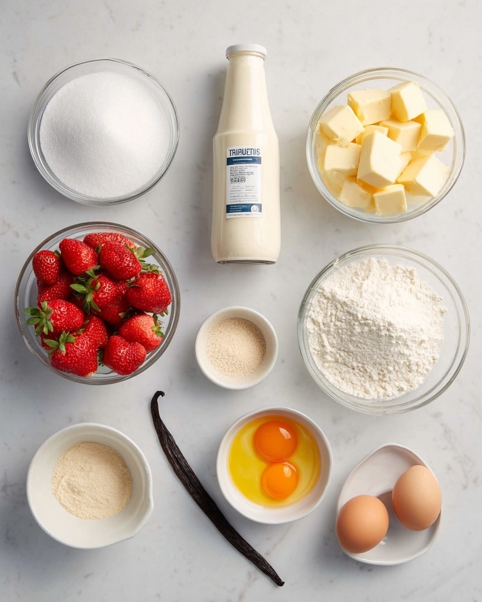 The image shows a white marbled surface with various ingredients arranged neatly in clear glass bowls and small white dishes. From top left to right, there is a glass bowl filled with sugar, a bottle of thickened cream placed standing upright, a white bowl filled with powdered sugar, and a small white bowl holding cubed yellow butter. Below these, there is a glass bowl filled with fresh strawberries, a small white bowl containing a beige powder, a tiny white bowl with a liquid, a glass bowl filled with white flour, and a small glass bowl containing two raw egg yolks. A dark brown vanilla bean lies horizontally across the center of the setup. The scene is clean, bright with a soft natural light. photo taken with an iphone --ar 4:5 --v 7