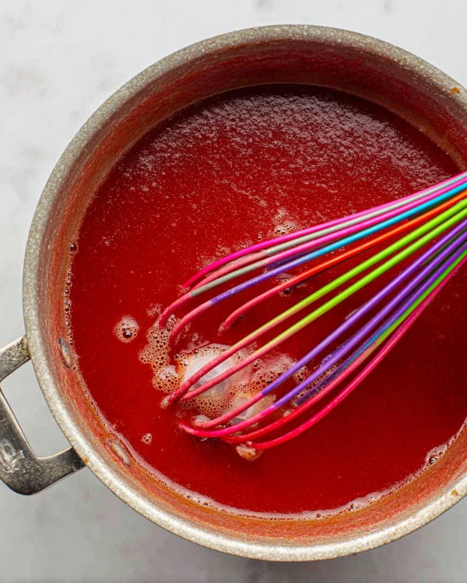 A round metal pot filled with bright red sauce, smooth with a few small bubbles on the surface, is being whisked by a set of colorful silicone whisks with purple, green, red, and pink wires, their colors creating a contrast against the deep red sauce. One side of the pot shows a light residue of sauce around the edge and a small piece of a light solid ingredient partially submerged in the sauce. The pot is sitting on a white marbled surface. Photo taken with an iphone --ar 4:5 --v 7
