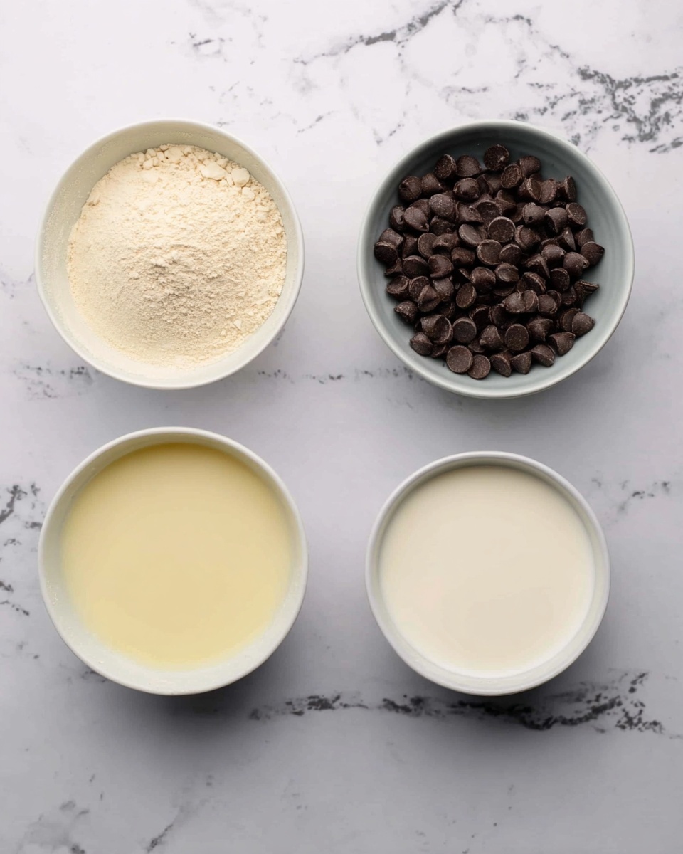 The image shows four bowls arranged on a white marbled surface. The top left bowl contains a light beige powder, while the top right bowl is filled with dark chocolate chips. The bottom left bowl holds a pale yellow liquid, and the bottom right bowl contains a white liquid, each with a smooth texture. The bowls are white and evenly spaced. Photo taken with an iphone --ar 4:5 --v 7