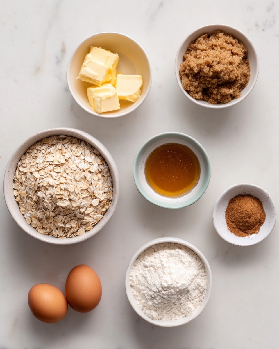 The image shows seven small white bowls and two brown eggs on a white marbled surface. Each bowl holds a different ingredient: one contains light yellow butter, another is filled with light brown sugar, and a third has golden honey. There is a bowl of rolled oats, a bowl of white flour, and a small bowl with light brown spices, possibly cinnamon. The two brown eggs are placed near the bottom left of the image. The colors range from creamy yellow and light brown to white, positioned neatly with space between each item, all on a smooth white marbled background. Photo taken with an iphone --ar 4:5 --v 7