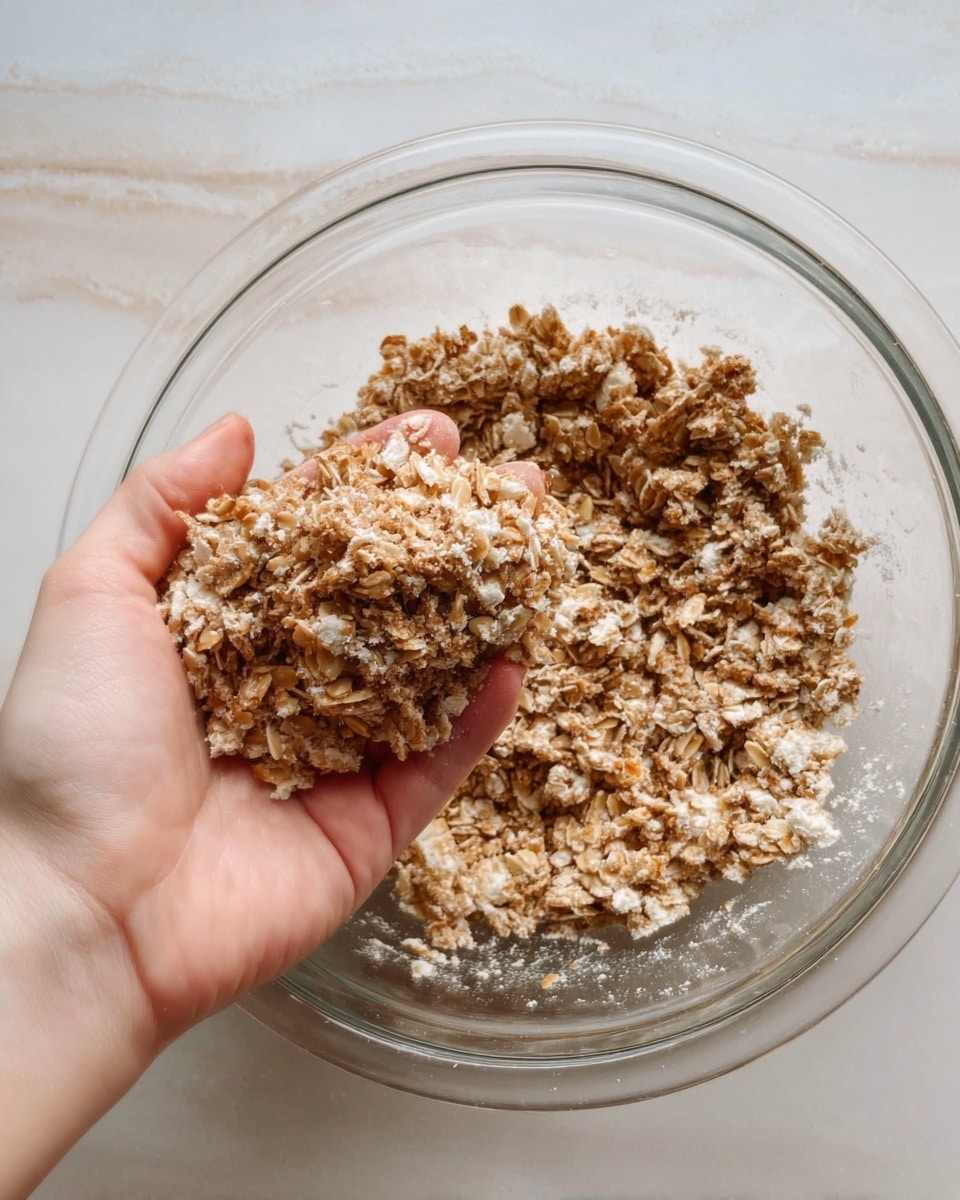 A woman’s hand is holding a clump of a dry, crumbly mixture made mostly of oats and light brown bits, above a large clear glass bowl filled with more of the same mixture. The background surface is white with a soft marbled texture, and the lighting highlights the rough, crunchy texture of the mixture. photo taken with an iphone --ar 4:5 --v 7