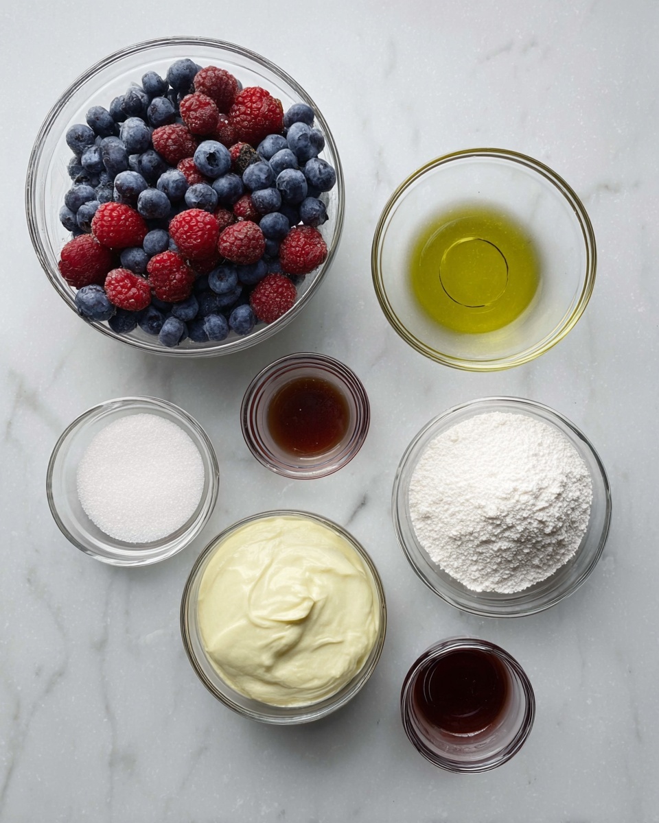 The image shows seven clear glass bowls of different sizes arranged on a white marbled surface. In the top left bowl, there is a mix of fresh blueberries and raspberries with some green stems. To the right of the berries is a bowl filled with light golden olive oil. On the far right is a bowl containing white powdered sugar. Below the berries, a bowl holds a light yellow creamy mixture with a smooth texture. Next to it, there is a smaller bowl with white baking powder, and below the oil, a small bowl has dark reddish-brown vanilla extract. The largest bowl on the right contains white granulated sugar. photo taken with an iphone --ar 4:5 --v 7