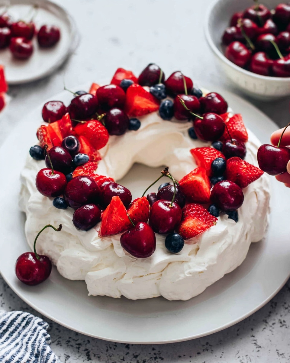 A white plate holds a ring-shaped dessert with layers of white whipped cream forming a thick base and top, decorated evenly with fresh red strawberries, whole dark red cherries, and small round blue blueberries. The berries are placed densely on the top cream layer, showing bright red and blue colors with shiny textures. Nearby, to the right, a white bowl contains additional dark red cherries, placed on a white marbled surface. A woman's hand is seen holding one cherry from the bowl. The overall look is bright and fresh with contrasting red, blue, and white colors. photo taken with an iphone --ar 4:5 --v 7