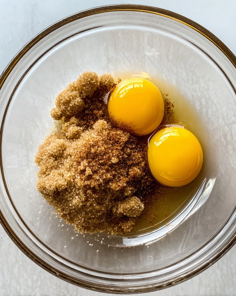 A clear glass bowl contains three raw yellow egg yolks alongside a pile of light brown sugar with a sprinkling of cinnamon or similar spice on top. The bowl sits on a white marbled surface. The textures contrast between the smooth shiny yolks and the coarse, crumbly sugar. Photo taken with an iphone --ar 4:5 --v 7