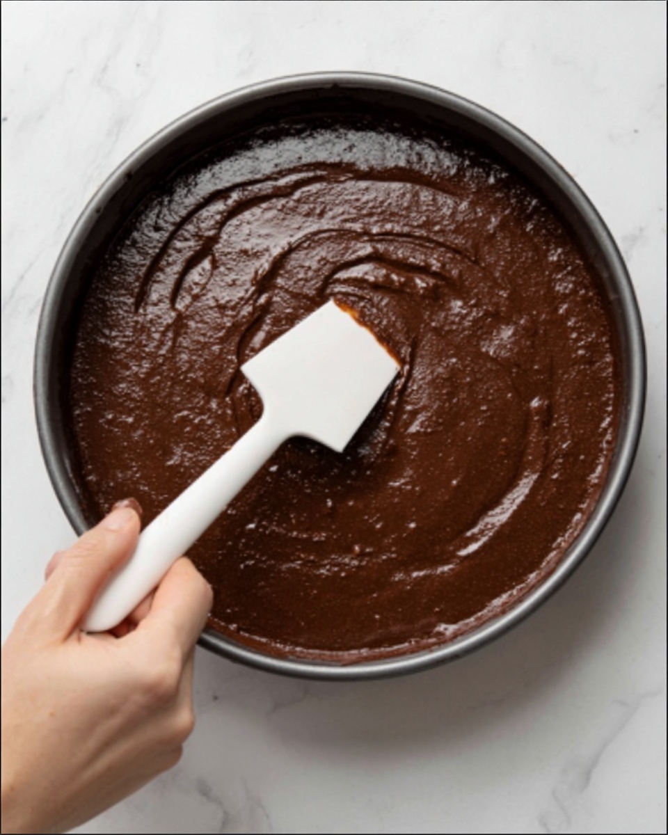 A round baking pan filled with dark brown, smooth chocolate batter, evenly spread inside the pan. A woman's hand holds a white spatula, gently spreading the thick, glossy batter across the pan’s surface. The background is a white marbled texture. Photo taken with an iphone --ar 4:5 --v 7
