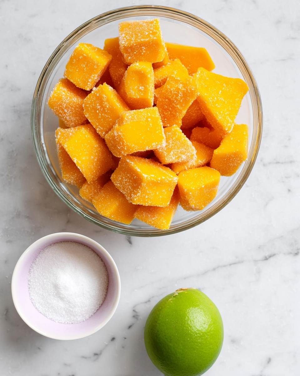 The image shows a transparent glass bowl filled with bright orange frozen mango chunks, each piece frosted with ice crystals, sitting on a white marbled surface. To the right of the bowl, there is a whole green lime with a smooth skin resting on the same white marbled background. Below the bowl, a small white bowl with a pale pink rim contains fine white sugar, adding contrast to the scene. photo taken with an iphone --ar 4:5 --v 7
