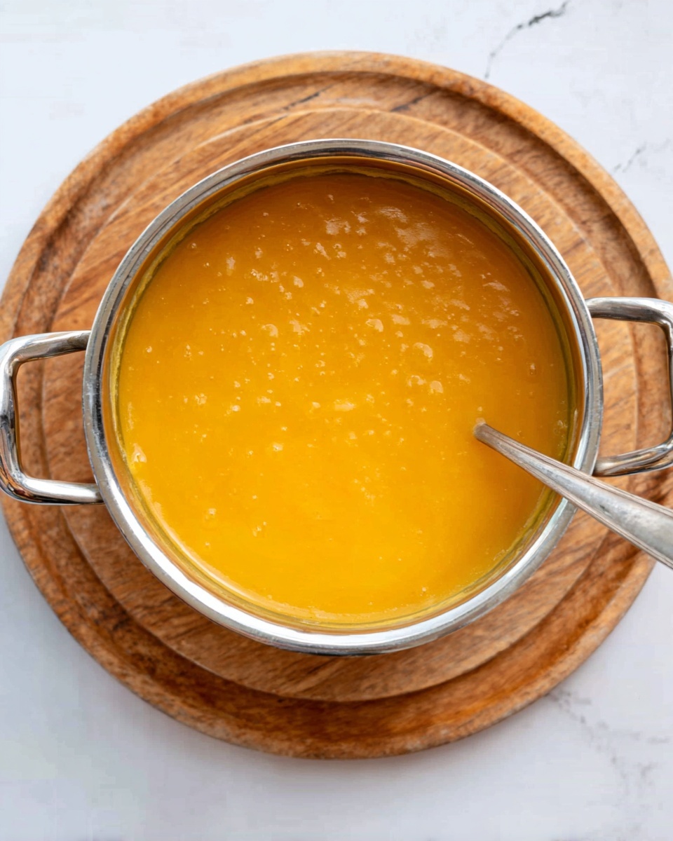 The image shows a close-up top view of a small stainless steel pot filled with smooth orange soup, sitting on a wooden round board. The soup has a liquid texture with slight visible bubbles on the surface. A silver spoon is placed inside the pot on the right side, resting on the soup. The pot has two metal handles on each side, and the setup is placed on a white marbled surface. photo taken with an iphone --ar 4:5 --v 7