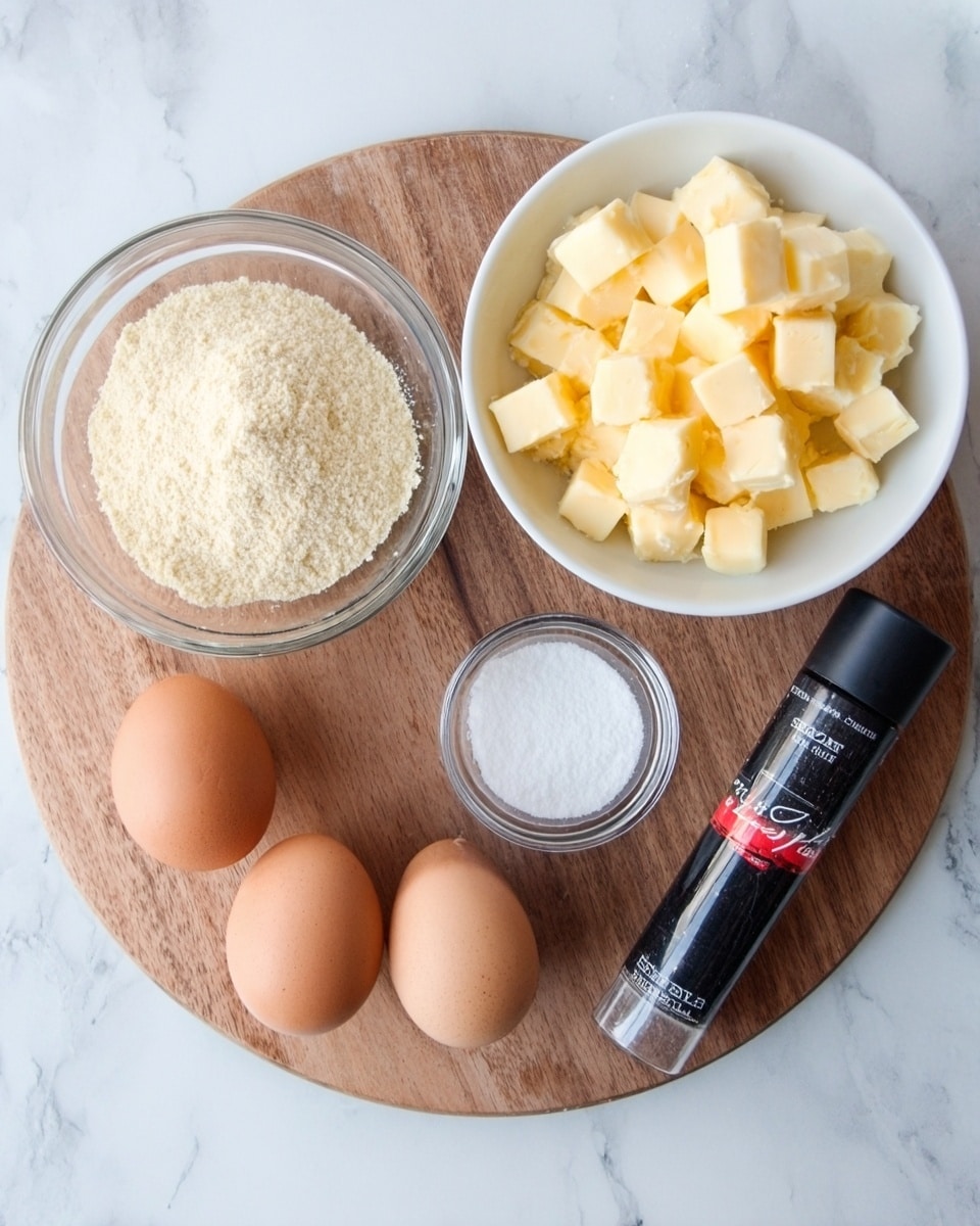 A round wooden board is on a white marbled surface, holding several ingredients: a white bowl filled with small yellow cubes of butter placed near the top right, a clear glass bowl with a pale beige powder on the left, three brown eggs lying side by side in the center, a small clear glass bowl with white sugar just below the eggs, and a black tube with a red and white label laying next to the eggs on the right. photo taken with an iphone --ar 4:5 --v 7