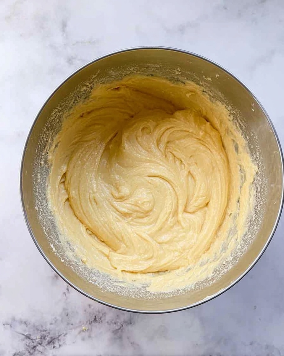 A metal mixing bowl filled with thick, light yellow batter that has a smooth and creamy texture. Swirls and soft folds are visible on the surface showing it has been freshly mixed. The bowl is placed on a white marbled surface with some batter traces on the rim. Photo taken with an iphone --ar 4:5 --v 7