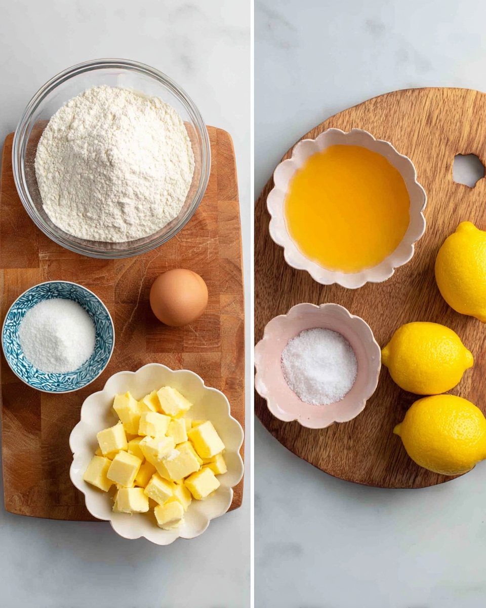 Two side-by-side images show ingredients on a white marbled surface. On the left, ingredients are arranged on a wooden board with a transparent bowl of white flour at the top, a brown egg placed center-right, a small white bowl filled with white powder on the bottom left, and a blue patterned bowl containing small yellow cubes of butter at the bottom right. The right image shows a round wooden board with a small white bowl of yellow-orange liquid at the top, a small white scalloped bowl filled with yellow butter cubes to the left, a small light pink bowl holding white granulated sugar at the bottom center, and two whole yellow lemons on the right. The overall light and clean setting emphasizes the simple colors and textures of the ingredients. Photo taken with an iphone --ar 4:5 --v 7