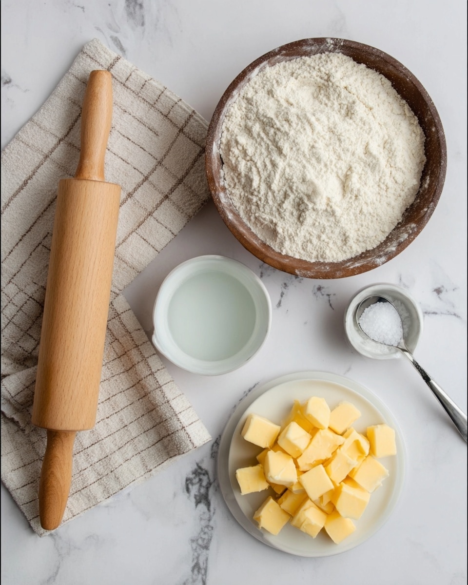 The image shows a white marbled surface with baking ingredients and tools arranged neatly. On the left side, there is a wooden rolling pin resting on a beige and white striped towel. Above the towel, a wooden bowl is filled with white flour. To the right of the rolling pin, there is a small white bowl containing water, and next to it, a small silver spoon holds some white salt. On the far right, a white plate is filled with small yellow cubes, likely butter. The scene is bright and clean with simple colors and textures. Photo taken with an iphone --ar 4:5 --v 7