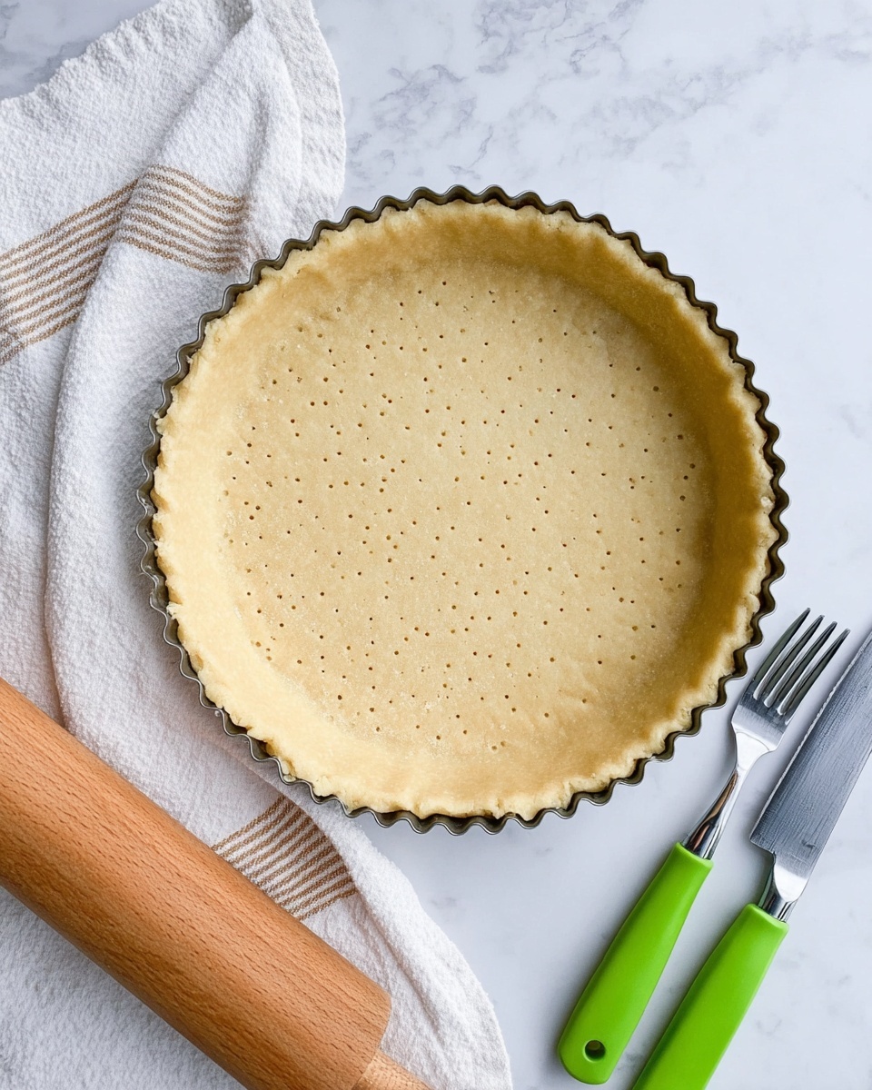 A round pie crust sits inside a fluted-edge metal pie tin, with the dough showing many tiny holes evenly spaced across the bottom and sides. The pie crust is light golden with a smooth, slightly textured surface. The tin rests on a white marbled surface. To the left of the pie tin, there is a wooden rolling pin partially covered by a white cloth with light brown stripes. To the right, there is a knife with a bright green handle and a silver fork lying beside it. Photo taken with an iphone --ar 4:5 --v 7
