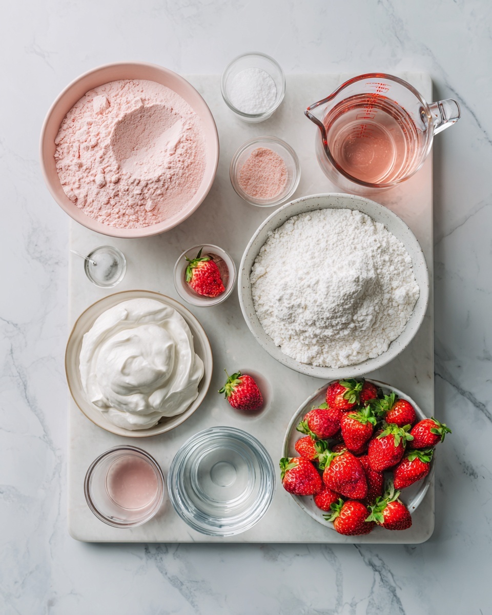 Top-down professional food photography flat lay style, bright white marble countertop, neatly arranged, evenly spaced, tidy, clean organized layout, include: bowl of white cake mix, small bowl of strawberry powder, glass measuring cup of boiling water, small glass cup of cold water, small tub of whipped topping, small plate of fresh strawberries, bright soft natural lighting, sharp focus, high detail textures, realistic reflections, professional DSLR look, 4K, no finished dish, no cooked food, no hands, no text, no watermark, no brand logos --ar 4:5 --v 7