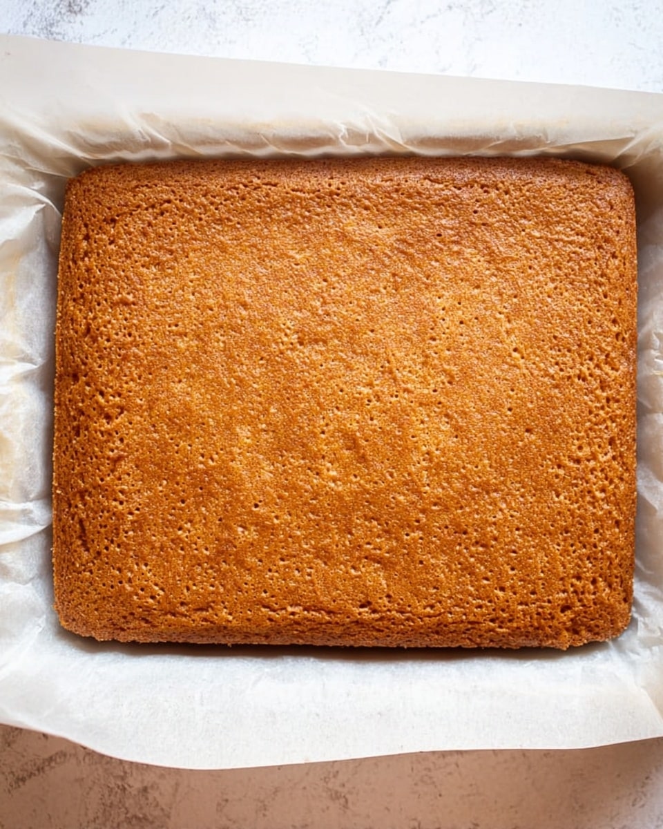 The image shows a single large rectangular baked cake layer with a light to medium brown color and a slightly rough texture on top. It rests on a piece of white parchment paper, which is placed on a white marbled surface. The cake layer looks thin but firm, with small air holes visible across the surface, giving it a slightly porous look. photo taken with an iphone --ar 4:5 --v 7