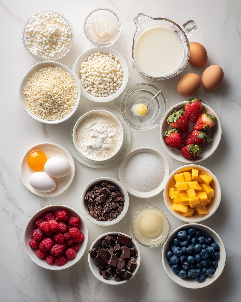 Top-down professional food photography flat lay style, bright white marble countertop, neatly arranged, evenly spaced, tidy, clean organized layout, include: bowl of small pearl tapioca, glass measuring cup of milk, small bowl of granulated sugar, small bowl of salt, small plate with separated egg yolks and egg whites, small bowl with beaten egg whites, small glass bottle of vanilla flavoring, small bowls of fresh blueberries, raspberries, strawberries, mango chunks, small bowl of shaved chocolate, bright soft natural lighting, sharp focus, high detail textures, realistic reflections, professional DSLR look, 4K, no finished dish, no cooked food, no hands, no text, no watermark, no brand logos --ar 4:5 --v 7