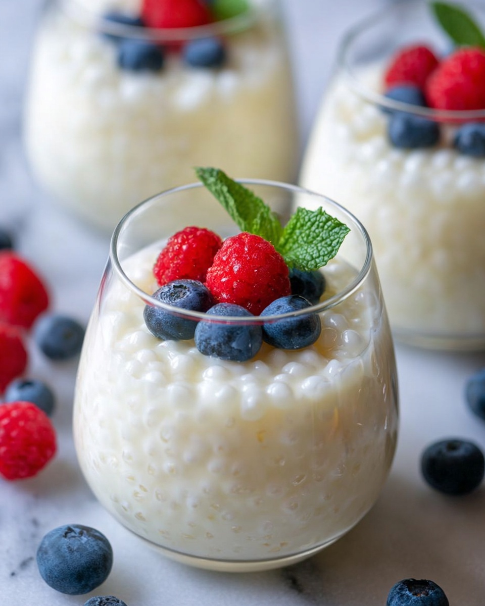 A clear round glass filled with creamy white tapioca pudding that has small pearl-like bubbles on the surface, topped with a few fresh blueberries, bright red raspberries, and a small sprig of green mint leaves sitting in the center. The glass is placed on a white marbled surface, with blurred similar glasses and scattered berries visible in the background. photo taken with an iphone --ar 4:5 --v 7