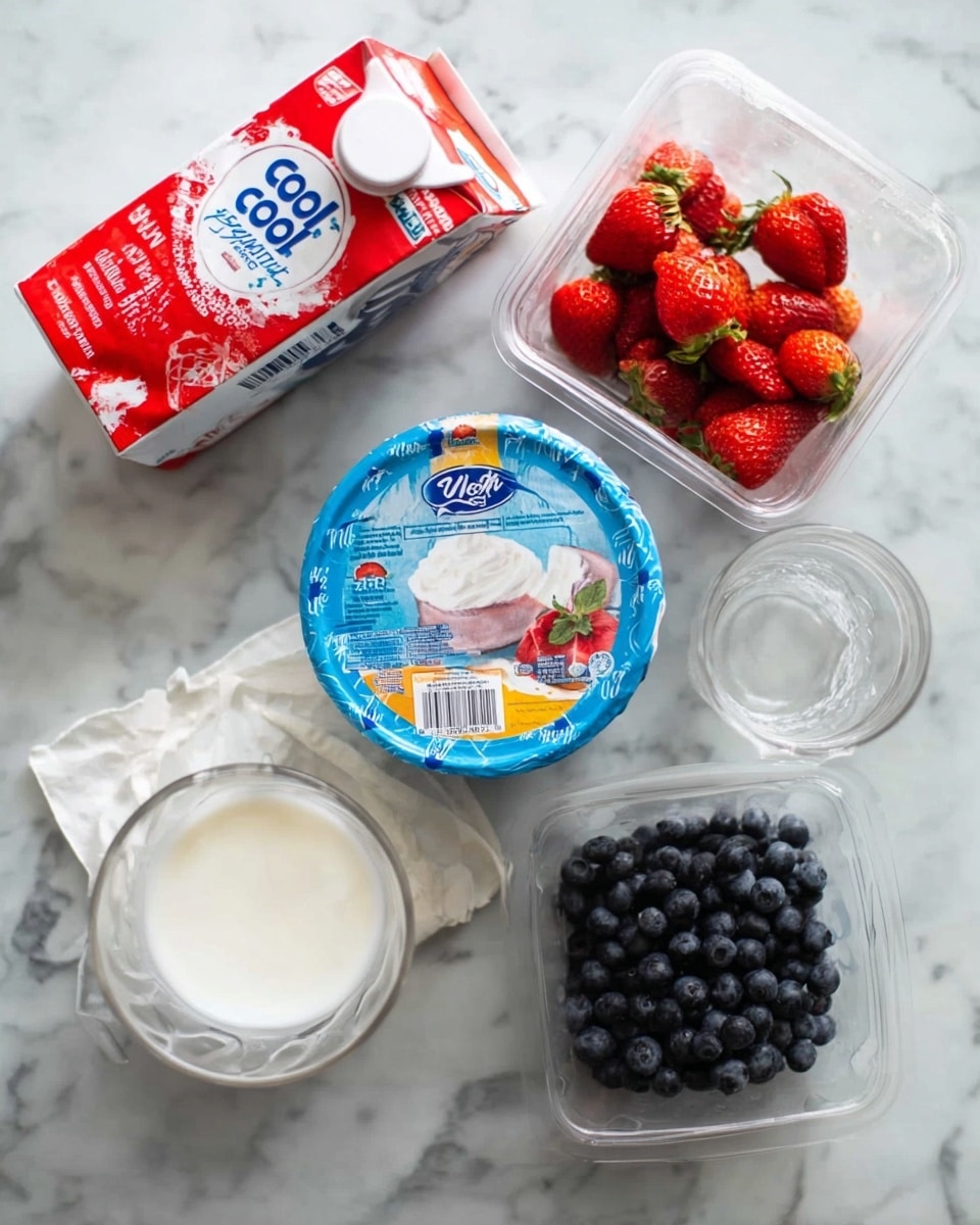The image shows ingredients for a dessert on a white marbled surface: a red and white carton of milk tilted on its side with cream inside the carton, a clear glass cup filled halfway with white milk, a round blue and white container of Cool Whip in the center with images of desserts on the lid, a clear plastic container with fresh red strawberries on the top right, and a clear plastic container filled with dark blue blueberries on the bottom right. The arrangement is scattered but balanced, all items sitting directly on the white marbled surface. photo taken with an iphone --ar 4:5 --v 7
