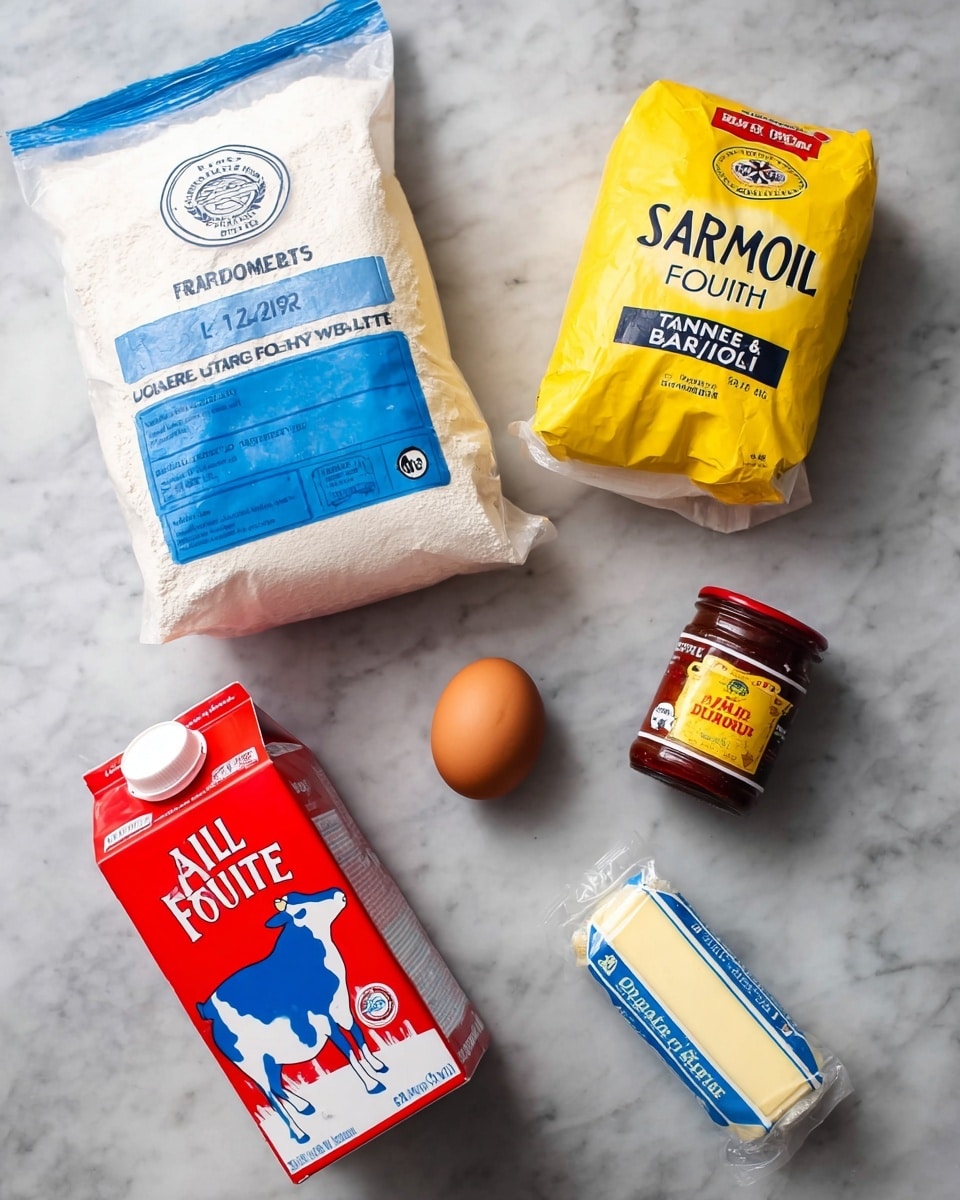 The image shows six baking ingredients arranged on a white marbled surface: a large blue and white bag of unbleached bread flour with a circular logo at the top center, a yellow and white bag of granulated sugar next to it, a red and white carton of whole ultra-filtered milk with a blue cow illustration lying diagonally at the bottom left, a single brown egg placed near the center, a small dark red jar of active dry yeast with a yellow label to the right of the egg, and a small wrapped stick of unsalted butter in cream and blue packaging at the bottom right. photo taken with an iphone --ar 4:5 --v 7