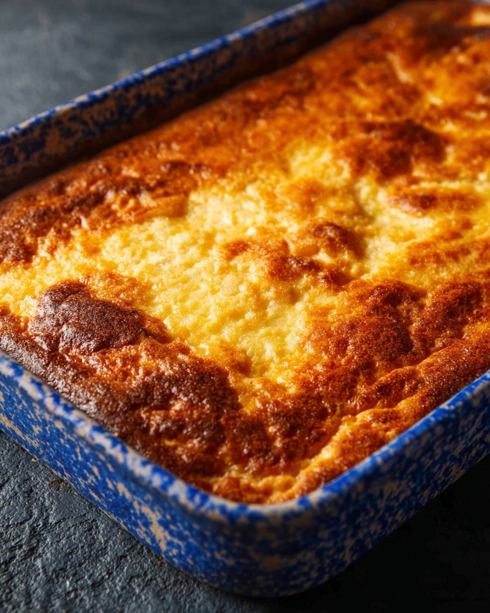 A close-up view of a baked dish in a blue and white speckled baking pan, showing a golden brown top layer with a slightly rough texture and darker spots, indicating a crispy crust. The surface has an uneven but firm look with small bumps and cracks, suggesting multiple layers beneath, all fused together in a warm, rich color. The baking pan is placed on a dark textured surface. photo taken with an iphone --ar 4:5 --v 7
