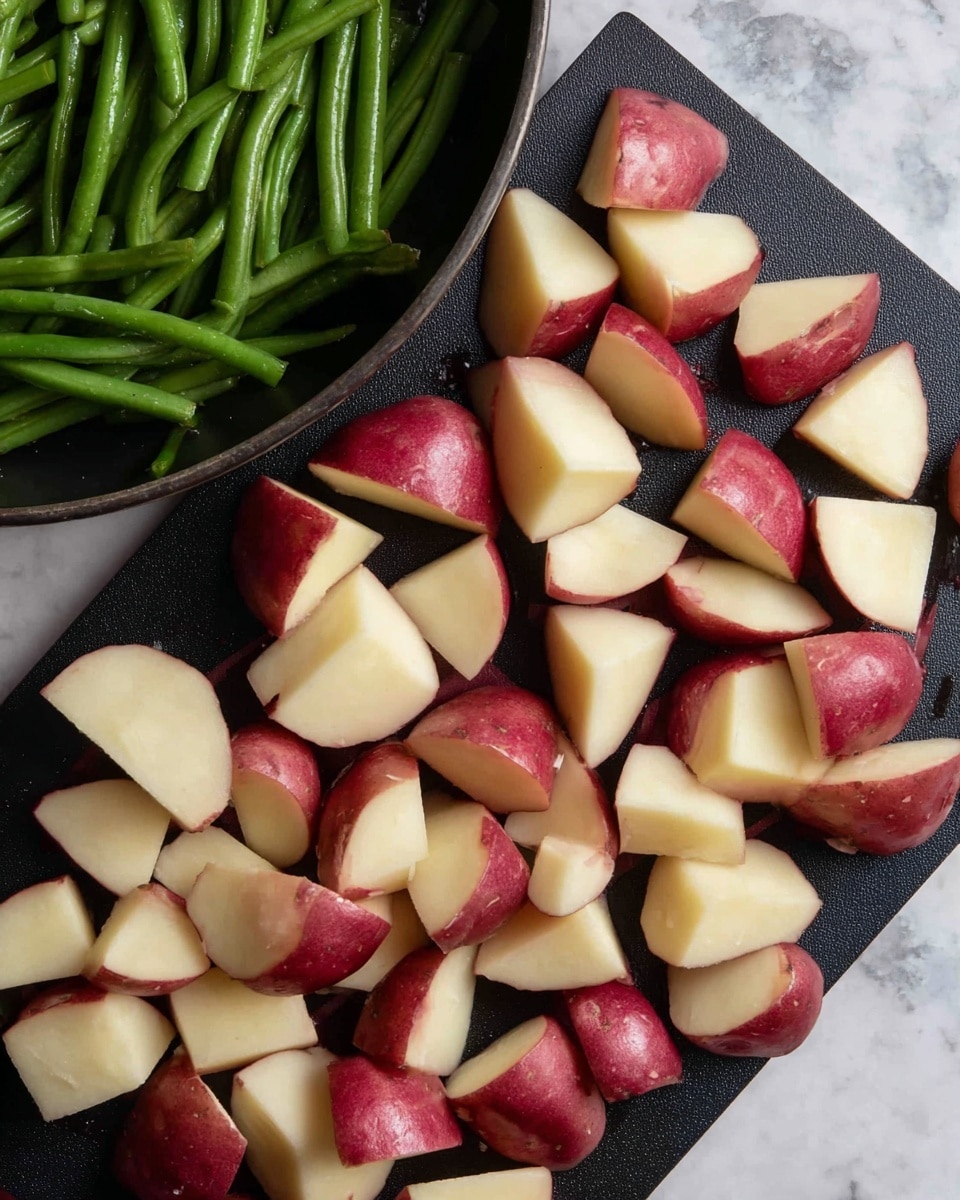 The image shows many pieces of red-skinned potatoes cut into wedges spread over a black cutting board, displaying smooth white inside and red outer skin. In the top left corner, there is a black pan filled with fresh green beans, long and slender, tightly packed together. The background is a white marbled surface, adding a clean and bright look to the scene. photo taken with an iphone --ar 4:5 --v 7