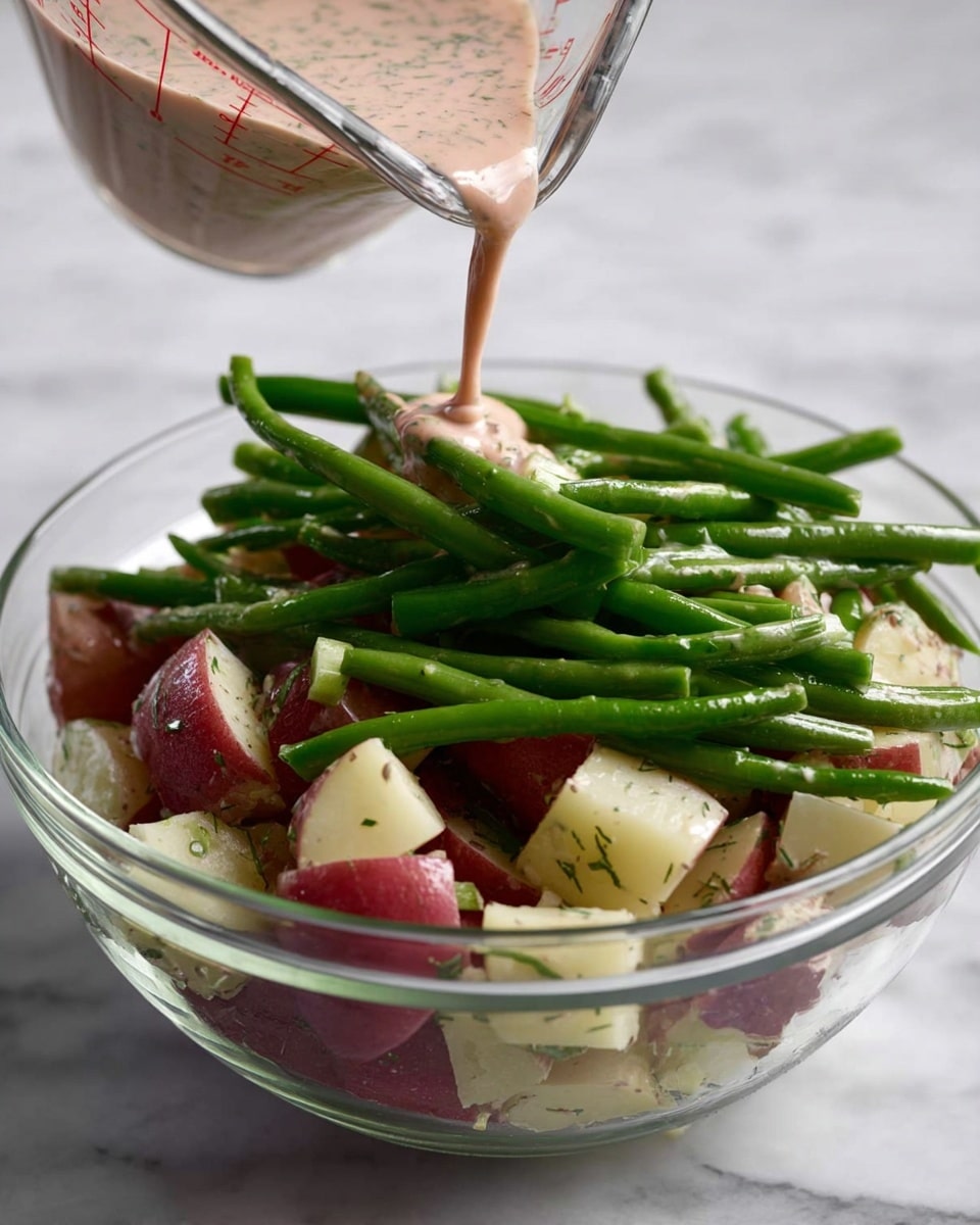 A clear glass bowl holds a fresh salad with two main layers: the bottom layer has light cream potato cubes mixed with red potato pieces with skin on, and the top layer is full of long, bright green beans. Above the bowl, a clear glass measuring cup pours a light pink sauce with green herb specks over the salad. The setting is on a white marbled surface. photo taken with an iphone --ar 4:5 --v 7