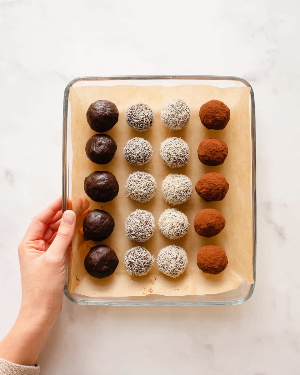 A woman's hand holds a clear rectangular glass dish lined with light brown parchment paper on a white marbled surface. Inside the dish are 20 round truffles arranged in 5 rows and 4 columns. The first column has smooth dark chocolate truffles with a slightly shiny texture. The second and fifth columns have truffles coated in white coconut flakes, giving them a rough texture. The third and fourth columns hold truffles covered with a dry brown cocoa powder, creating a matte finish. The overall colors are dark brown, white, and light brown. Photo taken with an iphone --ar 4:5 --v 7