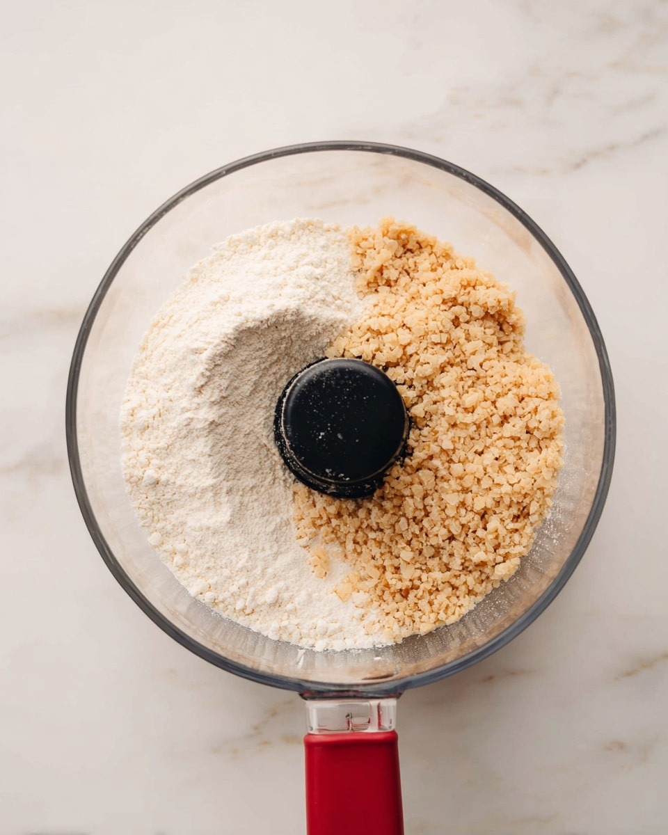 A clear round bowl contains two main parts: the left side is filled with a fine white powder, and the right side holds light brown, puffed grains. The bowl is placed on a white marbled surface, and the center has a black circular piece, likely part of a mixing tool. The bowl handle is visible at the bottom with a red color. photo taken with an iphone --ar 4:5 --v 7