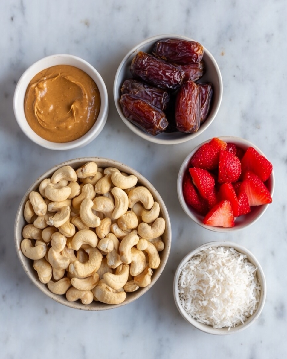 The image shows five small white bowls arranged on a white marbled surface. The largest bowl in the center is filled with pale beige cashew nuts that fill the bowl almost to the top. Directly above it, a medium white bowl contains dark brown dates with a glossy surface. To the left, a small white bowl is filled with smooth, light brown peanut butter. To the right of the dates, another small white bowl holds bright red sliced strawberries. Finally, on the far right, a small white bowl holds fluffy, white shredded coconut. The bowls are arranged in a loose circle, creating a colorful and neat display. photo taken with an iphone --ar 4:5 --v 7
