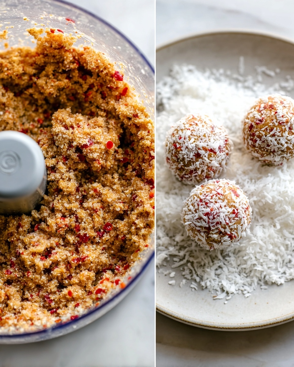 The image shows two close-up views side by side on a white marbled surface. On the left, a food processor bowl contains a thick, crumbly mixture of small, grainy pieces in light brown with scattered bits of bright red, giving a textured look. On the right, there are three small, round balls coated in white flakes, sitting on a white plate filled with more white flakes that look like shredded coconut, with the balls showing a mix of light brown and red dots under the flakes. The whole scene has soft natural light highlighting the textures and colors clearly. Photo taken with an iphone --ar 4:5 --v 7