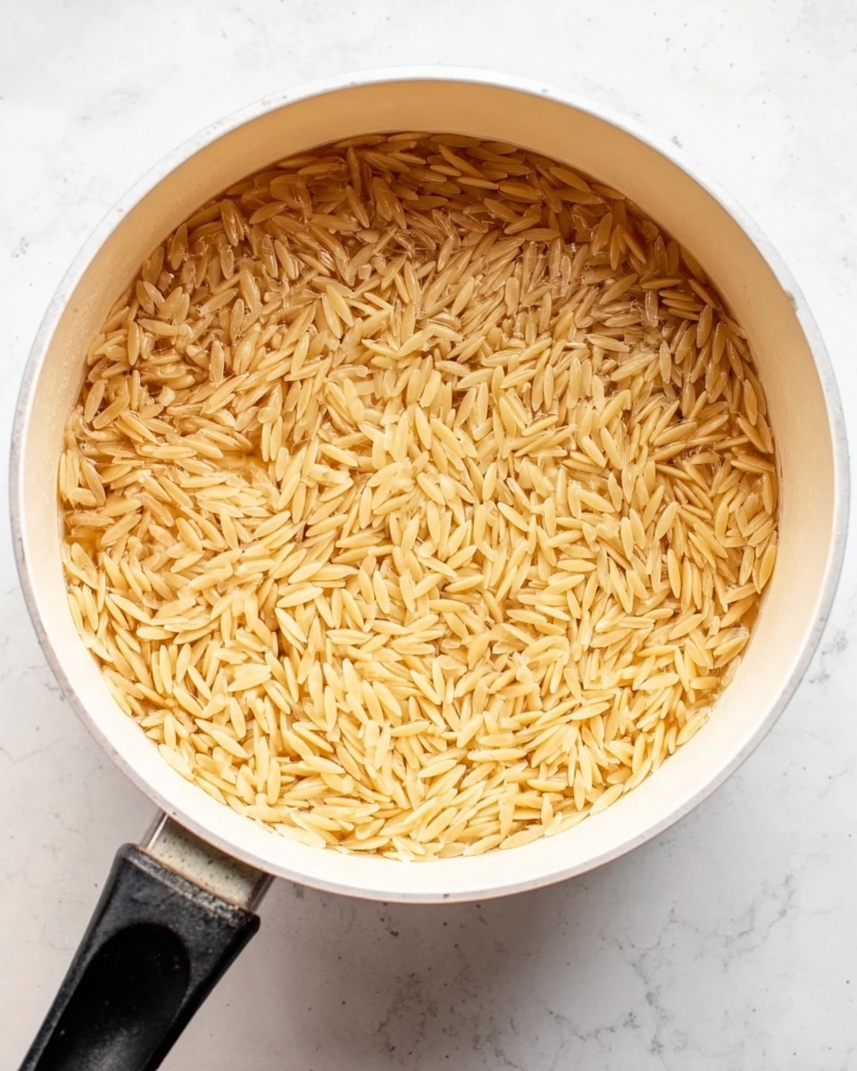 A white pot filled with light brown orzo pasta cooking in water, the pasta evenly spread out in a single layer inside the pot, water visible between the pasta grains, the pot handle black and extending out to the left side, all placed on a white marbled surface photo taken with an iphone --ar 4:5 --v 7
