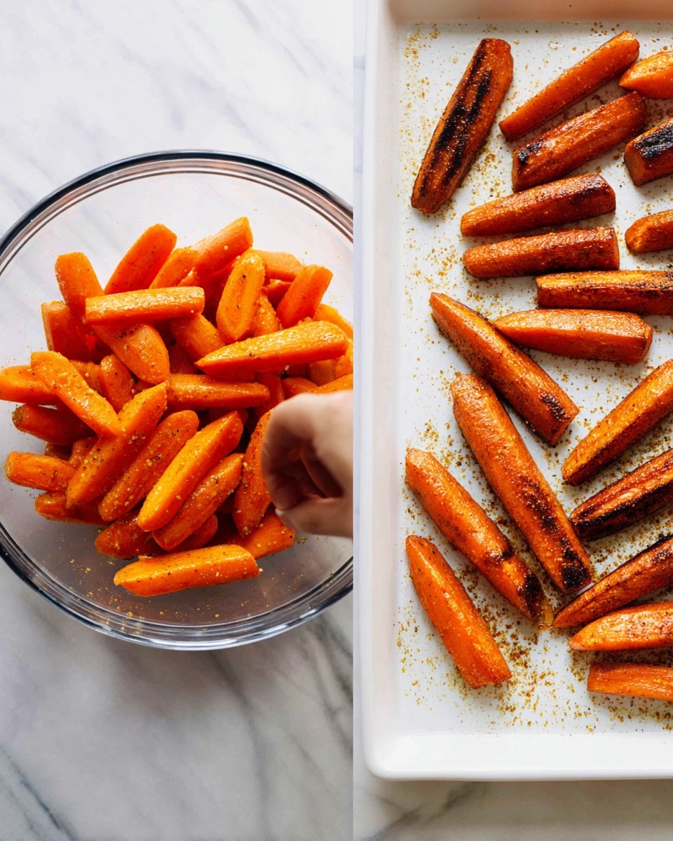 The image shows two parts: on the left side, there is a clear glass bowl filled with bright orange carrot sticks coated with seasoning, with a woman’s hand stirring them softly; the bowl is set on a white marbled surface. On the right side, roasted carrot sticks are placed on a white tray, showing a rich brown char on their smooth, slightly wrinkled surface, with some pieces darker than others, and a light sprinkle of seasoning visible on the tray, all on the same white marbled background. Photo taken with an iphone --ar 4:5 --v 7