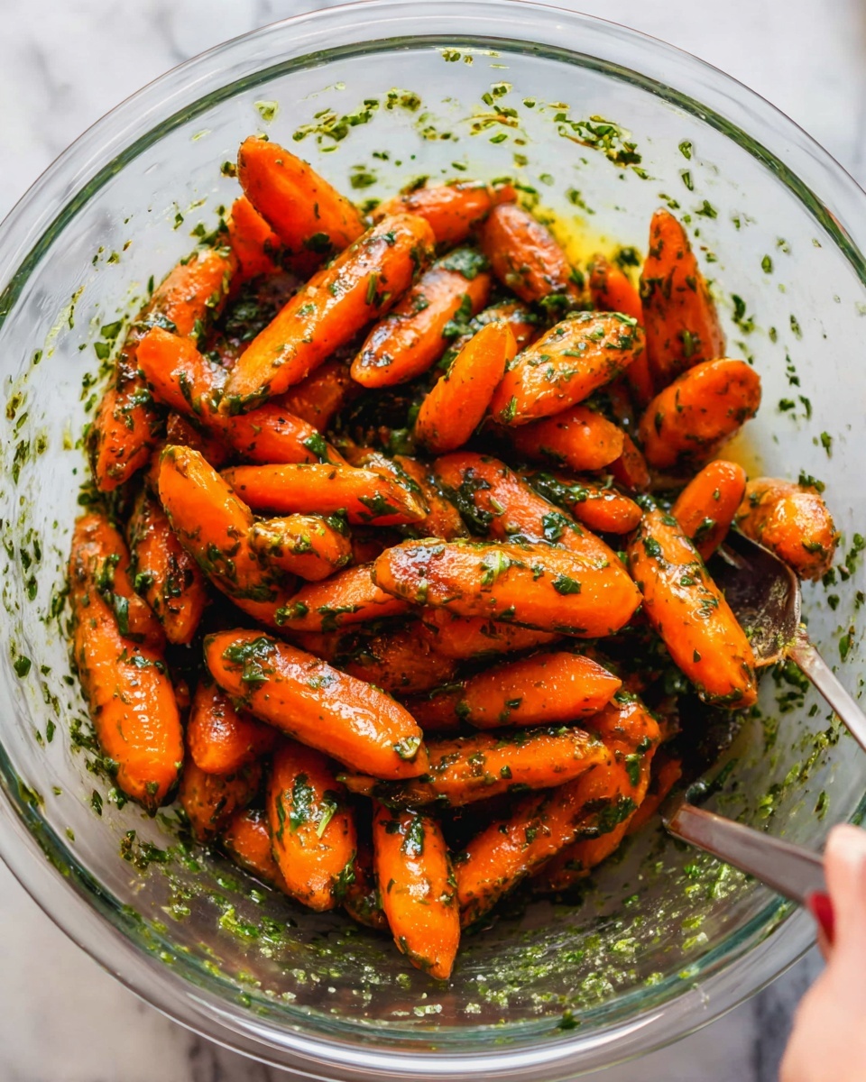A clear glass bowl filled with small, bright orange carrots covered in green herb sauce and charcoal marks. The carrots are mixed and shiny, some laying on top of others, showing their cooked texture. A silver spoon is sticking out from the right side inside the bowl, and a woman's hand is seen stirring or holding the mixture. The bowl is placed on a white marbled surface. photo taken with an iphone --ar 4:5 --v 7