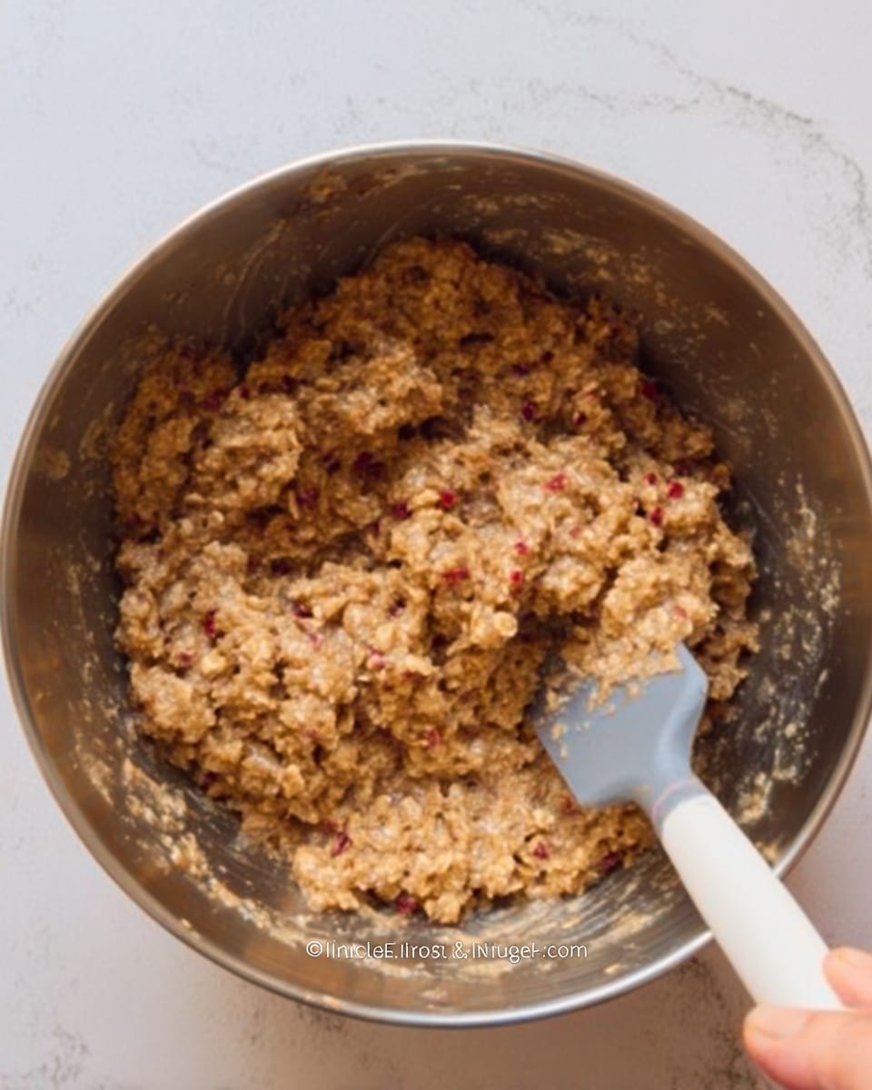 A metal bowl filled with a thick mixture of oats and brown sugar, showing a chunky and slightly sticky texture. The mixture has a light brown color with small red bits scattered throughout. A gray spatula with a white handle is partially inserted into the bowl on the right side. The scene is set on a white marbled surface, and a woman's hand is holding the handle of the spatula. photo taken with an iphone --ar 4:5 --v 7