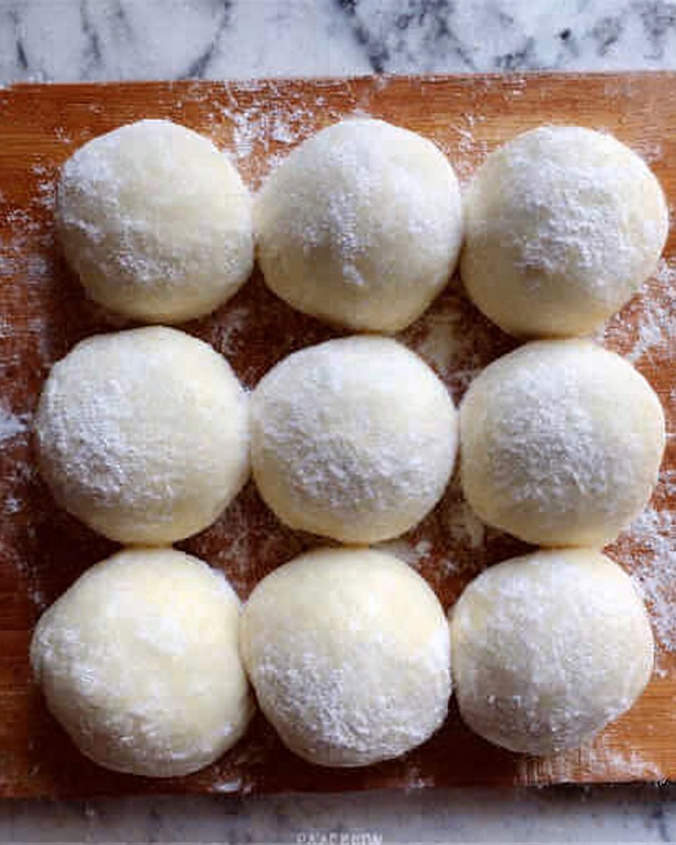 The image shows ten round dough balls placed closely together on a wooden surface, arranged in two rows of five each. The dough balls are smooth with a soft texture and a pale white color, looking slightly flour-dusted on top. The background is a white marbled texture. Photo taken with an iphone --ar 4:5 --v 7