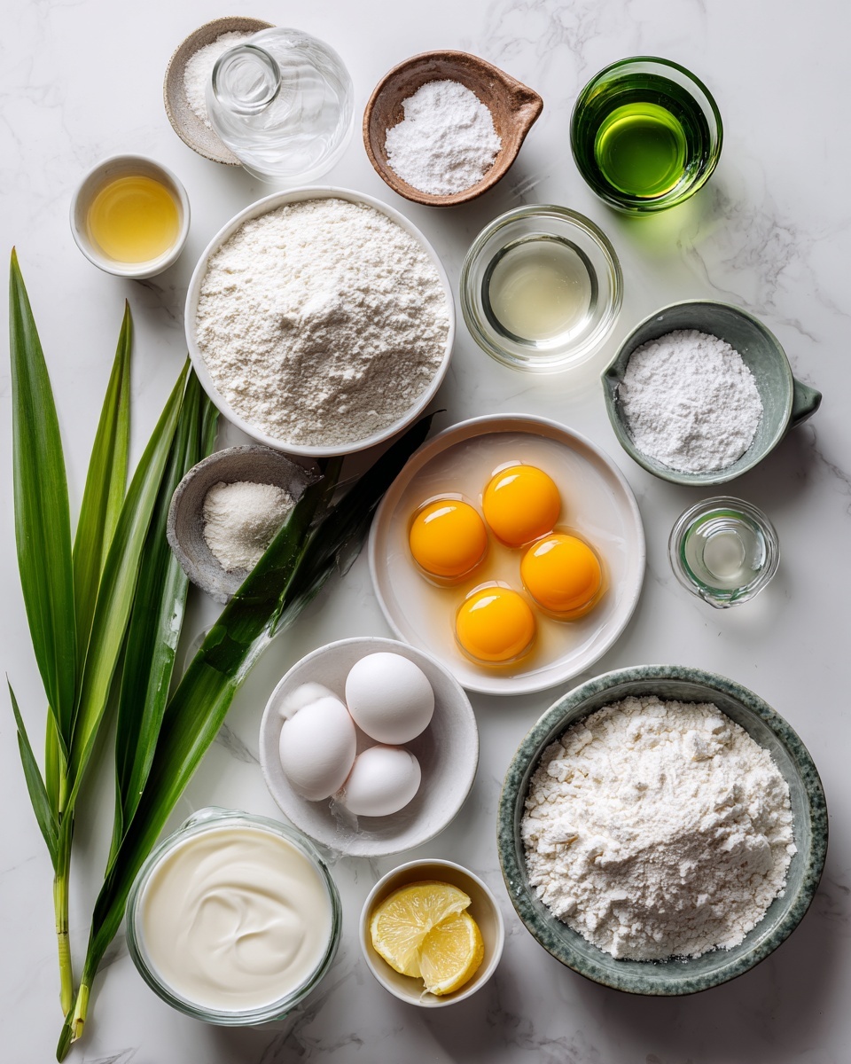 Top-down professional food photography, flat lay style, bright white marble countertop, neatly arranged, evenly spaced, tidy, clean organized layout, include: bowl of cake flour, small bowl of cornstarch, small bowl of sugar, small bowl of salt, small bowl of baking powder, small glass cup of cooking oil, small glass cup of canned coconut milk, small plate with separated egg yolks, small plate with separated egg whites, small glass bottle of green pandan vanilla flavoring essence, fresh pandan leaves arranged in a small bunch, glass measuring cup of water, small glass cup of cream of tartar, small glass cup of lemon juice, bright soft natural lighting, sharp focus, high detail textures, realistic reflections, professional DSLR look, 4K, no finished dish, no cooked food, no hands, no text, no watermark, no brand logos --ar 4:5 --v 7