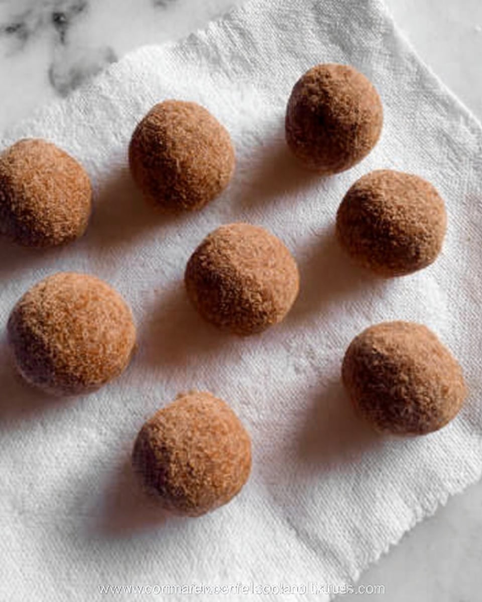 The image shows nine round balls of dessert arranged on a white paper towel over a white marbled surface. Each ball is covered in a light brown powder, giving them a dusty texture. The balls vary slightly in size, and they are placed in rows, with four in the back row, three in the middle, and two in the front. The overall look is simple and rustic, with a soft and dry outer layer visible on each ball. Photo taken with an iphone --ar 4:5 --v 7